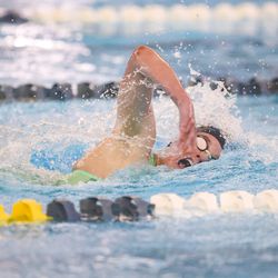 Skyview’s Katelyn Andrist swims in the women’s 500-yard freestyle at the 6A Swimming State Championships at Brigham Young University in Provo on Saturday, Feb. 19, 2022.