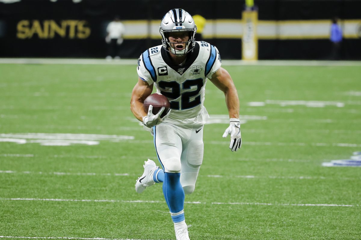 Carolina Panthers running back Christian McCaffrey runs against the New Orleans Saints during the first half at the Mercedes-Benz Superdome.