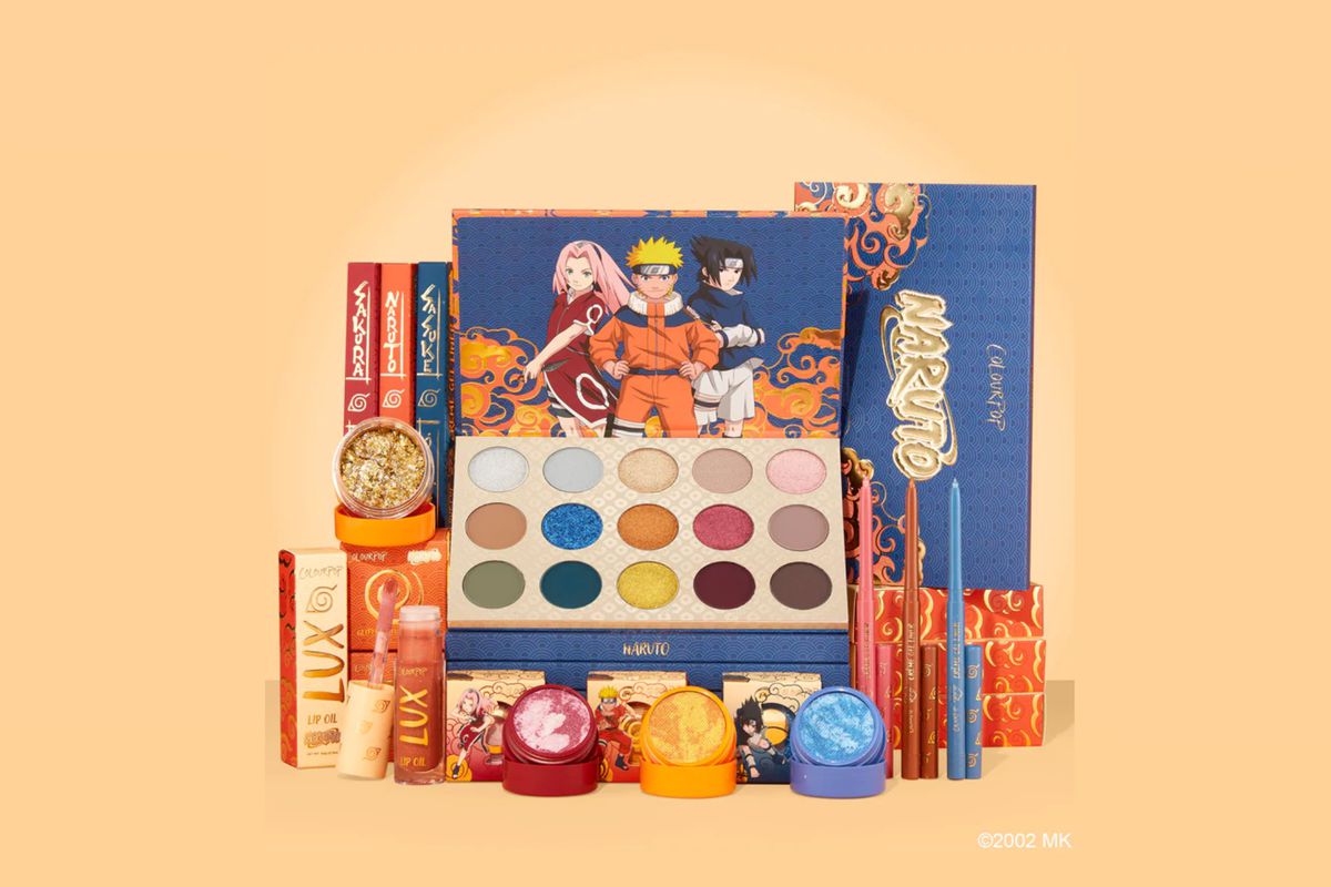 ColourPop’s full Naruto makeup collection, including an eyeshadow palette with some neutral shades as well as very Naruto-like orange and blue; pink, brown, and blue eyeliner pencils; gold glitter gel; lip gloss; and individual shadow pots in red, orange, and blue, corresponding to Sakura, Naruto, and Sasuke.