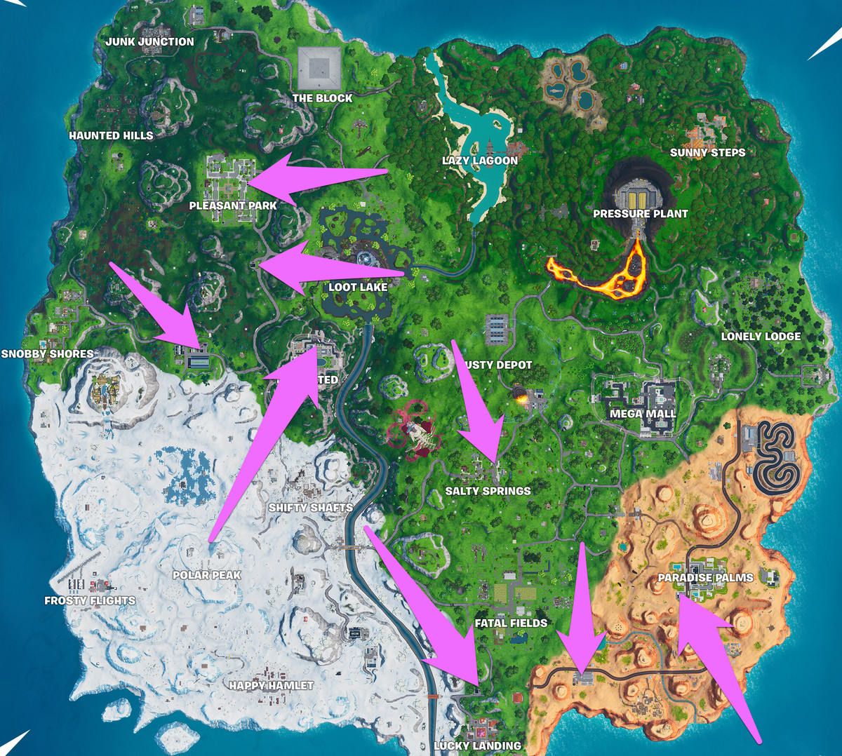 A map of every gas station on the Fortnite map