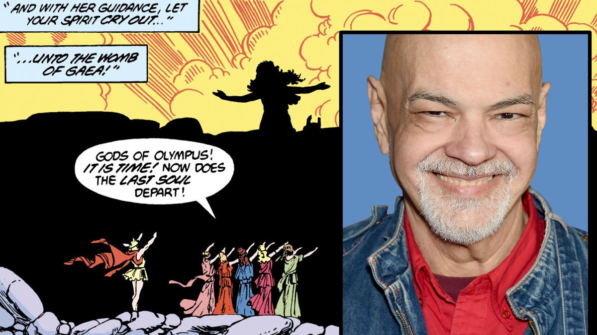 Graphic of the late comic book artist George Perez over one of his comic panels