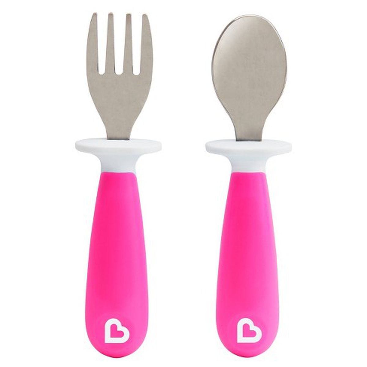 A small fork and spoon with pink handles