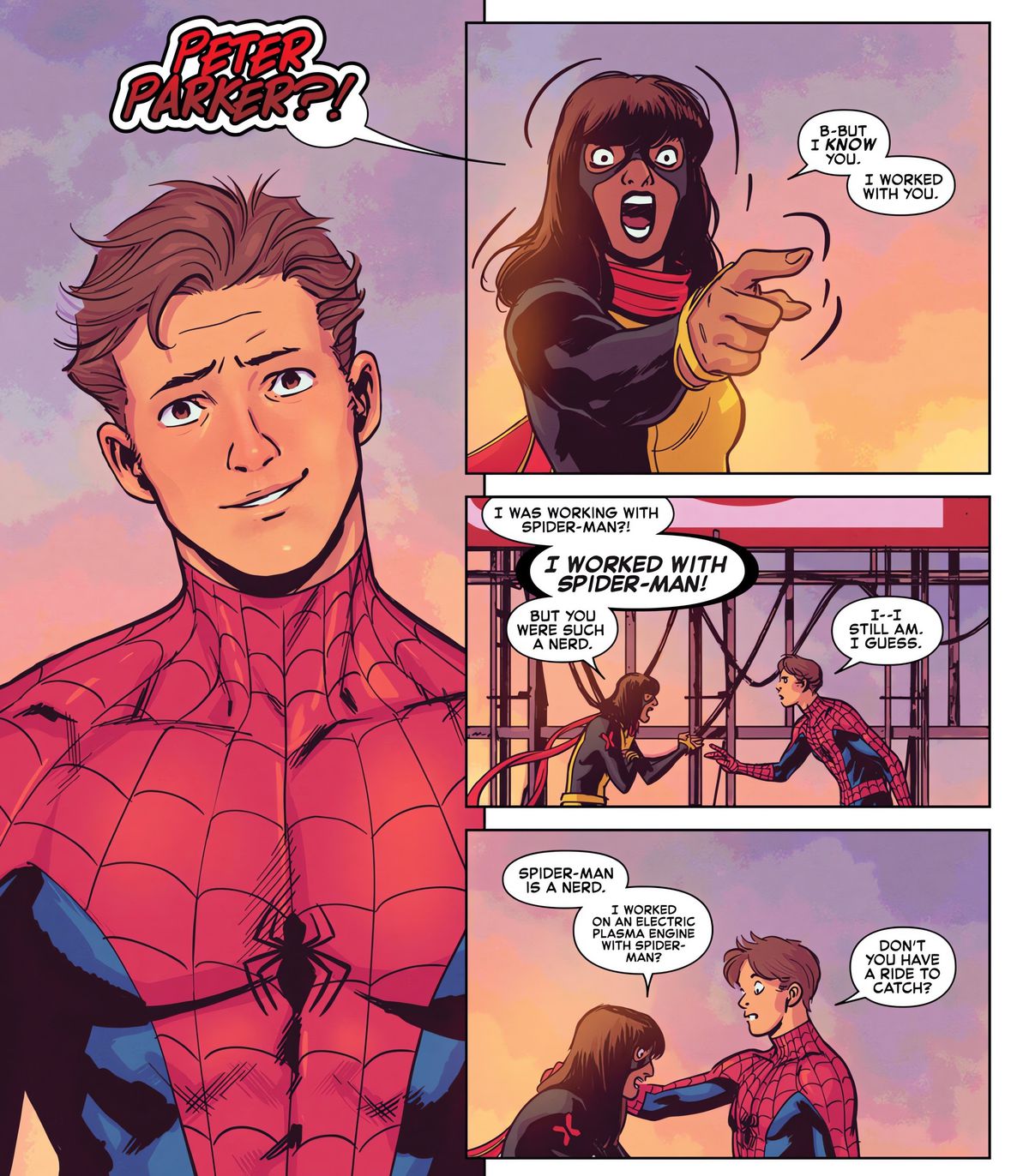 “I worked with Spider-Man!” Ms. Marvel exclaims, upon seeing Peter Parker’s face. “But you were such a nerd. Spider-Man is a nerd,” in The Amazing Spider-Man #31 (2023).