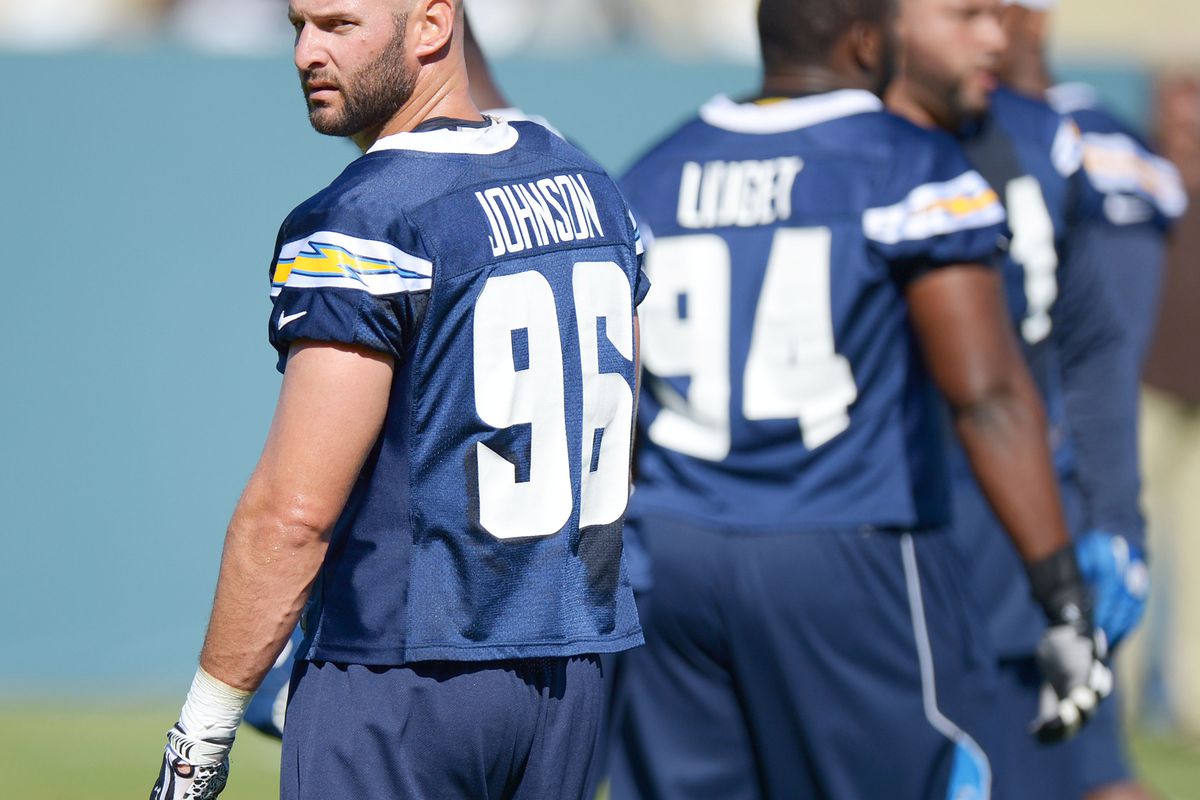 San Diego, CA, USA; San Diego Chargers linebacker Jarret Johnson (96) during training camp at Charger Park. Mandatory Credit: Jake Roth-US PRESSWIRE