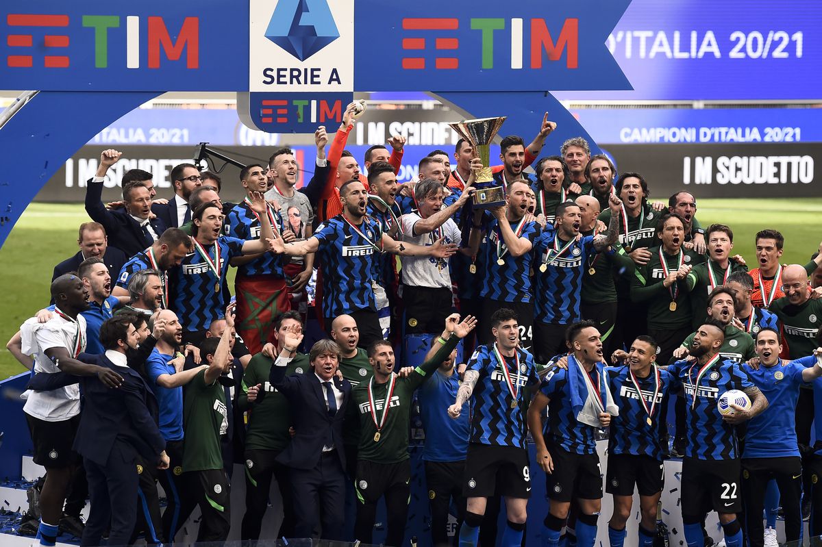Players of FC Internazionale celebrate with the Scudetto...