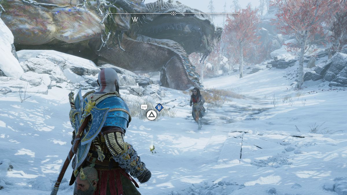 Kratos picks up a flower in God of War Ragnarok