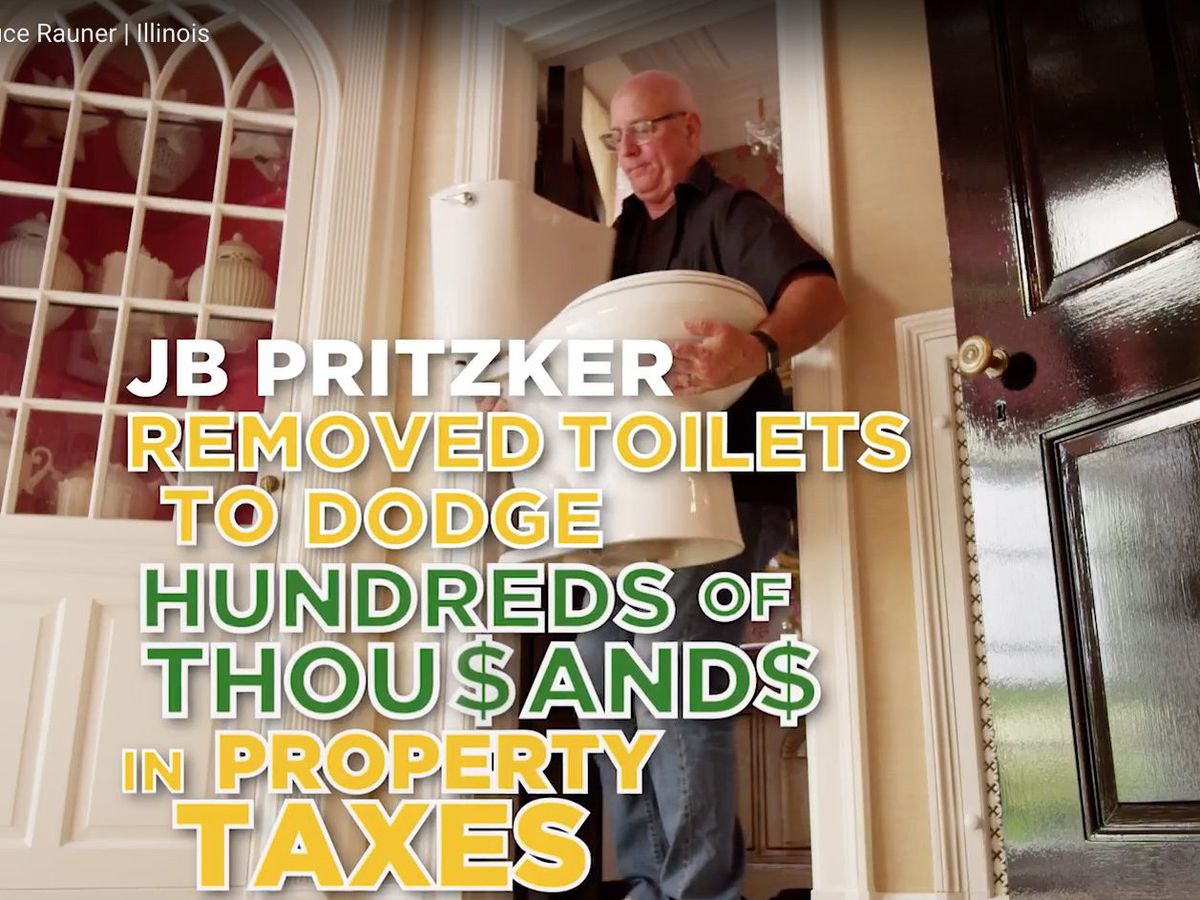 Screen image from Gov. Bruce Rauner TV ad dramatizing the removal of toilets from a Gold Coast mansion J.B. Pritzker owns.