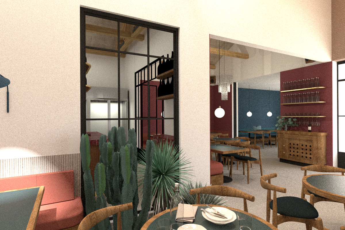 A colorful CGI look inside a coming restaurant with round tables and cactus.