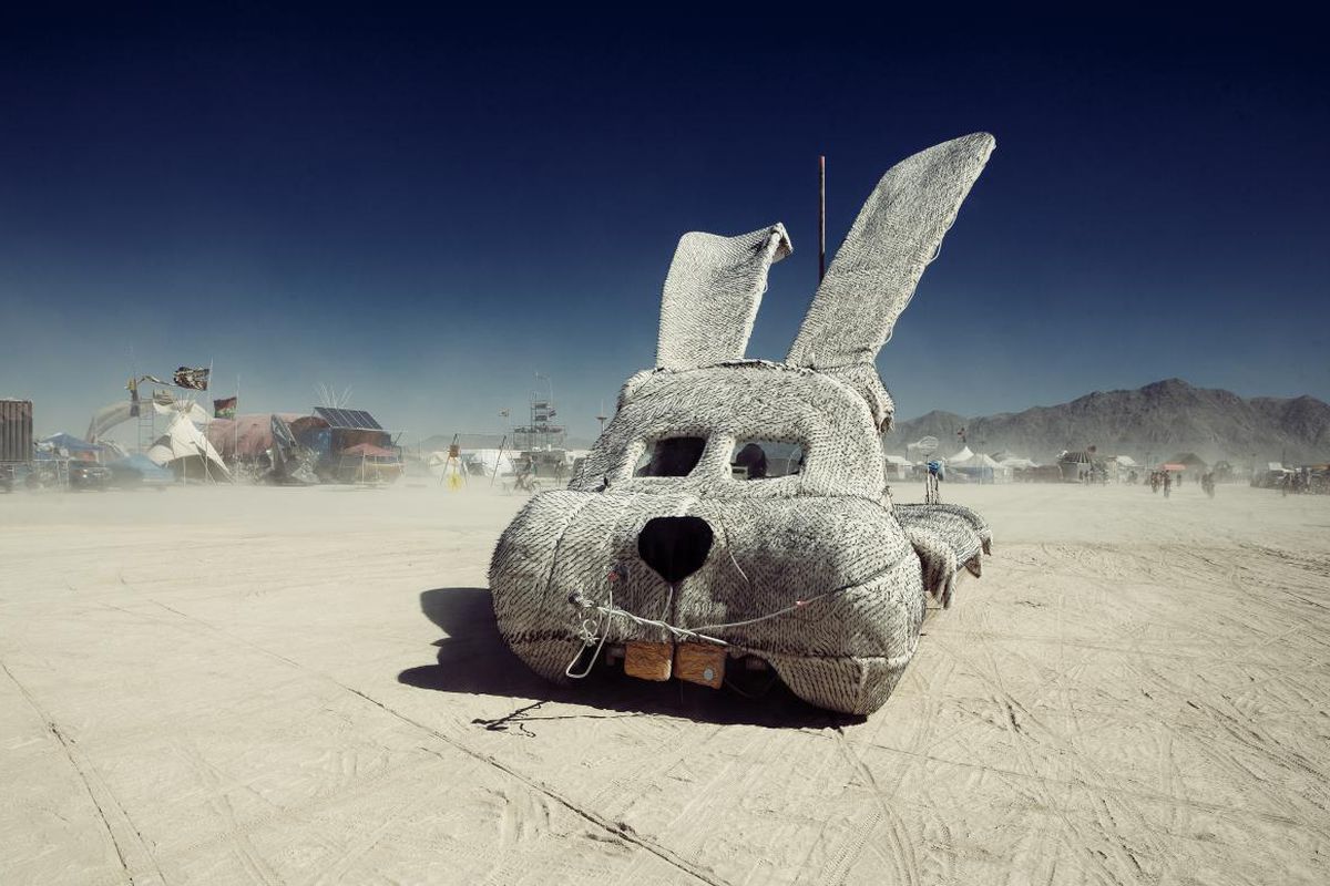 A rabbit-shaped car at Burning Man.