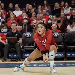 Utah’s Vanessa Ramirez watches the ball against UVU in an NCAA volleyball game at Smith Fieldhouse in Provo on Friday, Dec. 3, 2021.