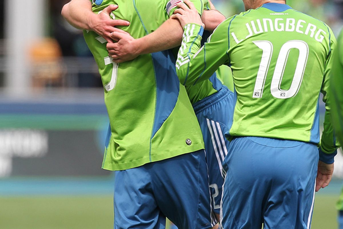 Michael Fucito is congratulated by Brad Evans and Freddie Ljungberg after scoring the winning goal in a 1-0 win against the Kansas City Wizards. It was Fucito's first MLS goal.