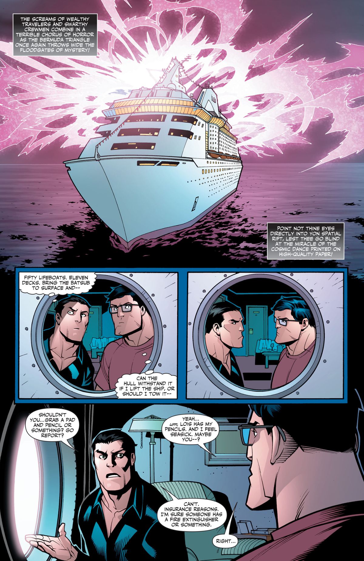 Ocurre un desastre en un crucero, mientras Bruce Wayne y Clark Kent planean internamente cómo salvar el día, y luego cada uno intenta insistir en que el otro abandone la habitación, para que puedan preservar sus identidades secretas, en Superman / Batman Annual # 1, DC Cómics (2006).