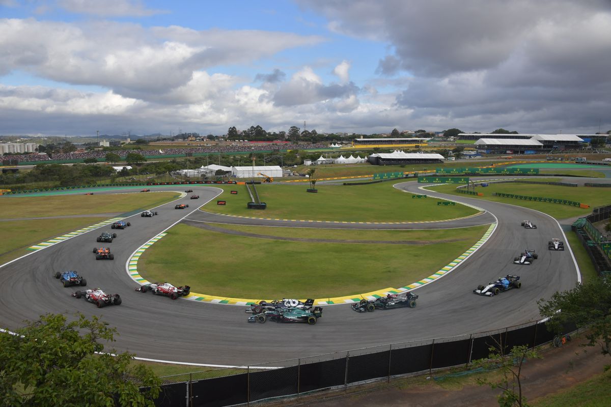 General view taken during the sprint qualifying at the Autodromo Jose Carlos Pace, or Interlagos racetrack, in Sao Paulo, on November 13, 2021, ahead of Brazil’s Formula One Sao Paulo Grand Prix.