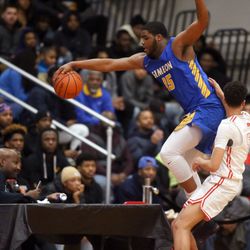 Simeon’s Jeremiah Stamps (15) tries to save the ball from going out of bounds against Homewood-Flossmoor during their 58-43 victory in Blue Island Friday, March 8, 2019. | Kevin Tanaka/For the Sun Times