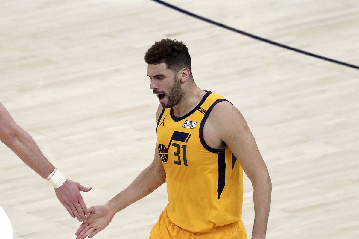 Utah Jazz forward Georges Niang (31) reacts to scoring a three pointer during an NBA game against the Charlotte Hornets at the Vivint Smart Home Arena in Salt Lake City on Monday, Feb. 22, 2021. Niang scored 21 points in the game. The Jazz won 132-110.