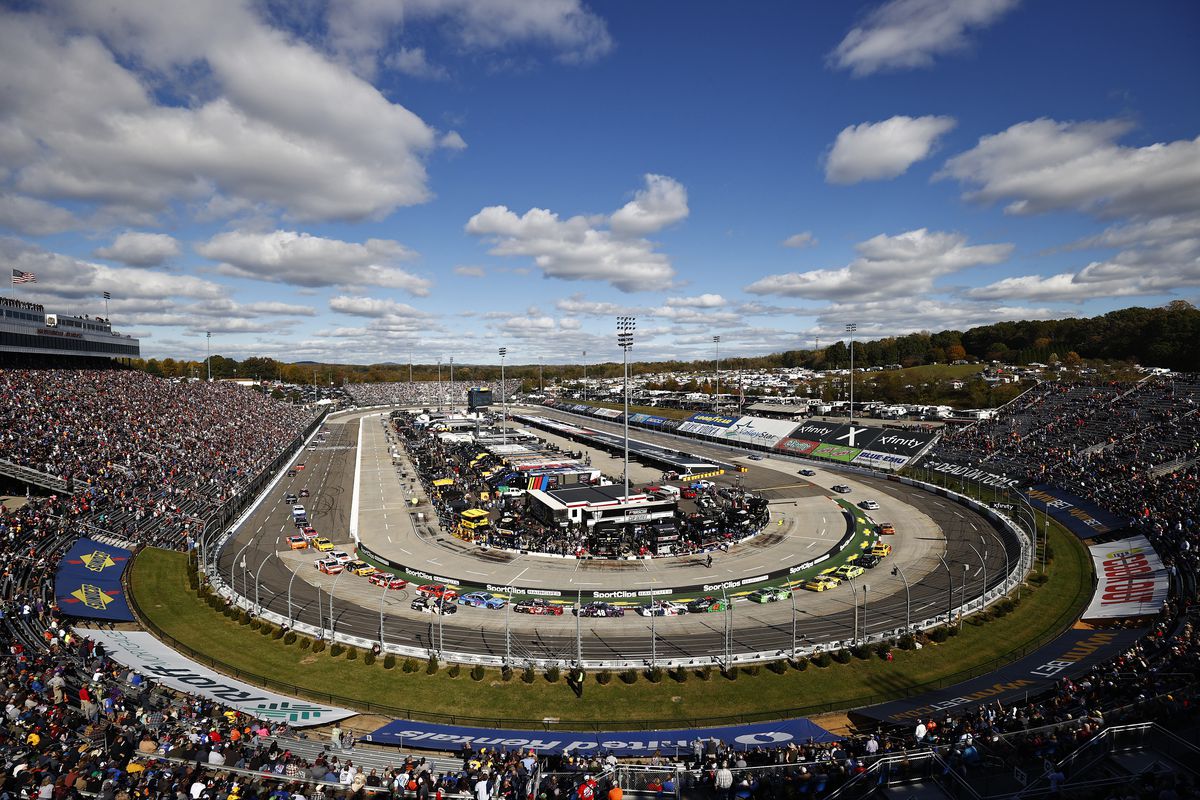 A general view of racing during the NASCAR Cup Series Xfinity 500 at Martinsville Speedway on October 31, 2021 in Martinsville, Virginia.