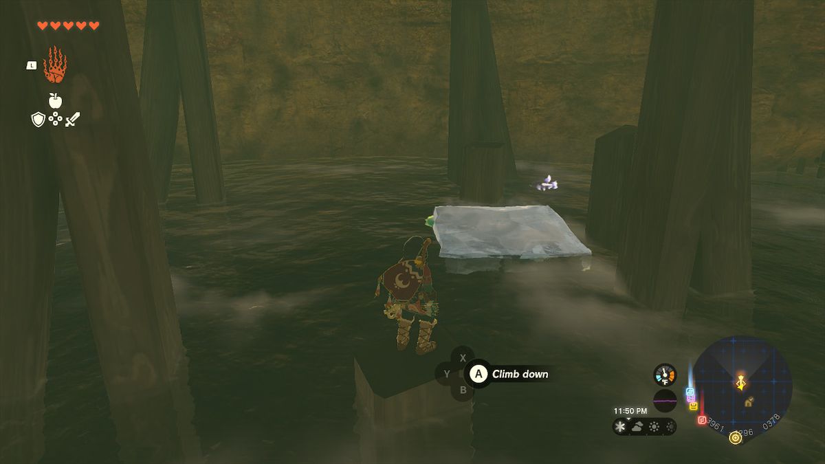 Link overlooks an ice plate on top of the water in between two pillars in Zelda: Tears of the Kingdom