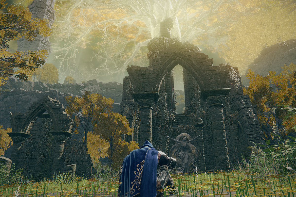 Elden Ring Sacred Tear locations image showing the Tarnished resting in front of church ruins