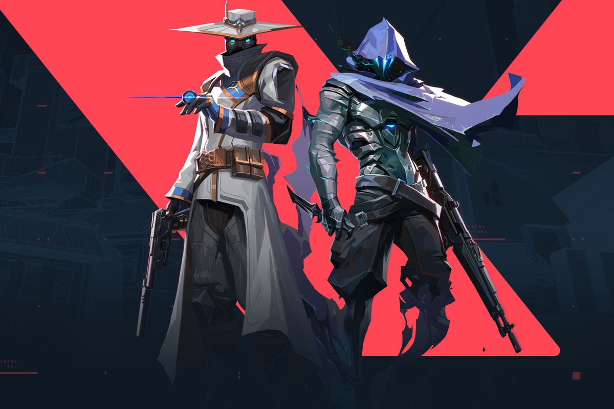Cypher and Omen from Valorant stand in front of the game’s logo