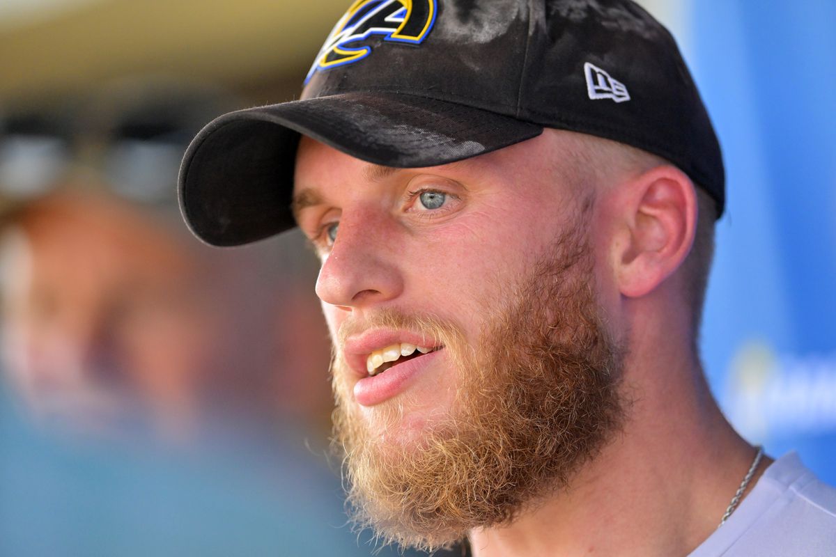 Cooper Kupp #10 of the Los Angeles Rams answers questions from the media following the first day mini camp at the team’s facility at California Lutheran University on June 7, 2022 in Thousand Oaks, California.