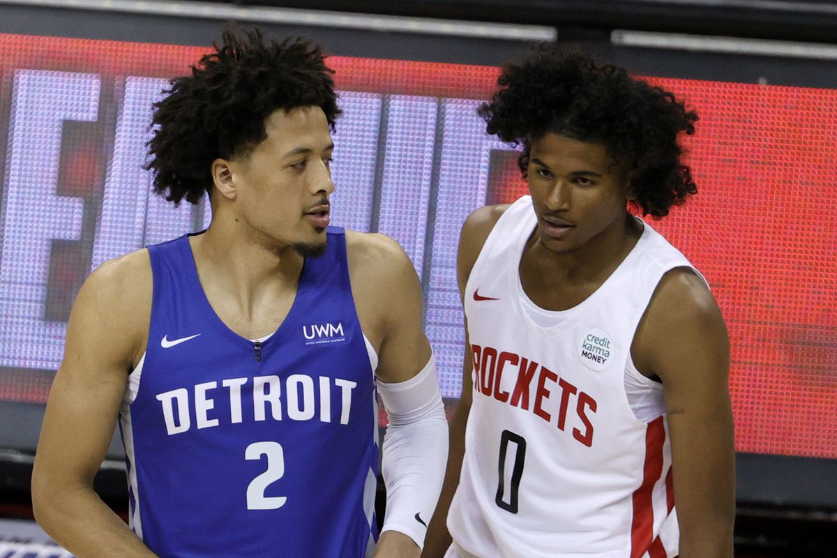 Cade Cunningham #2 of the Detroit Pistons and Jalen Green #0 of the Houston Rockets wait for the start of their game during the 2021 NBA Summer League at the Thomas &amp; Mack Center on August 10, 2021 in Las Vegas, Nevada.