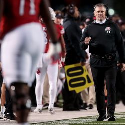 Utah Utes head coach Kyle Whittingham pumps his fist after wide receiver Derrick Vickers (8) scored on a 7-yard run, putting the Utes up 31-13 over the Washington State Cougars after the PAT, at Rice-Eccles Stadium in Salt Lake City on Saturday, Sept. 28, 2019.