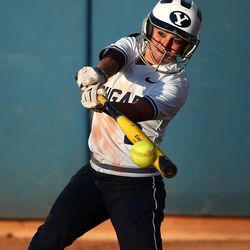 Gordy Bravo hits as the BYU women's softball team defeated 3rd Ranked Oregon 6-5 at Gail Miller Field on the Campus of Brigham Young University on March 25, 2014.