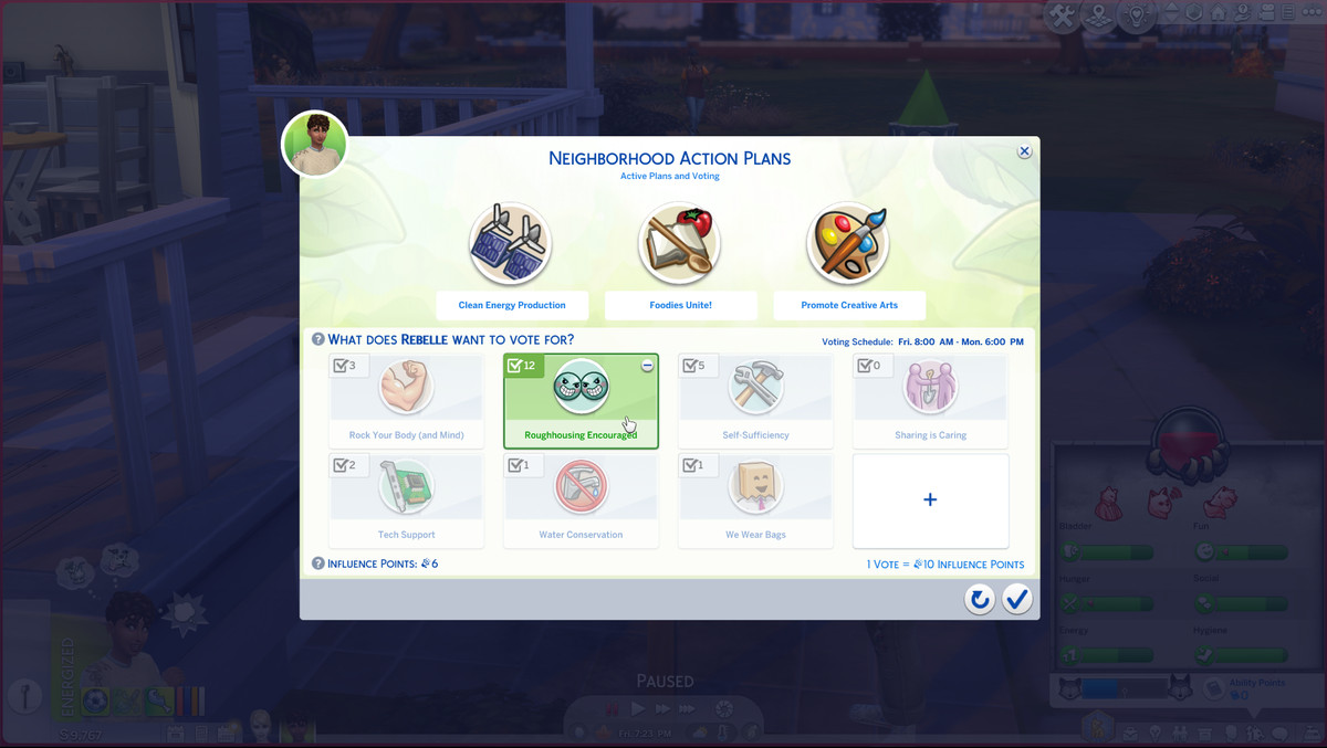 The Sims 4 - A player votes for a rough housing policy in their local neighborhood to encourage fights