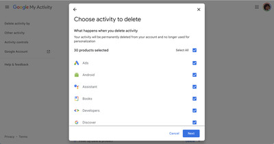 Pop-up box headed Choose activity to delete
