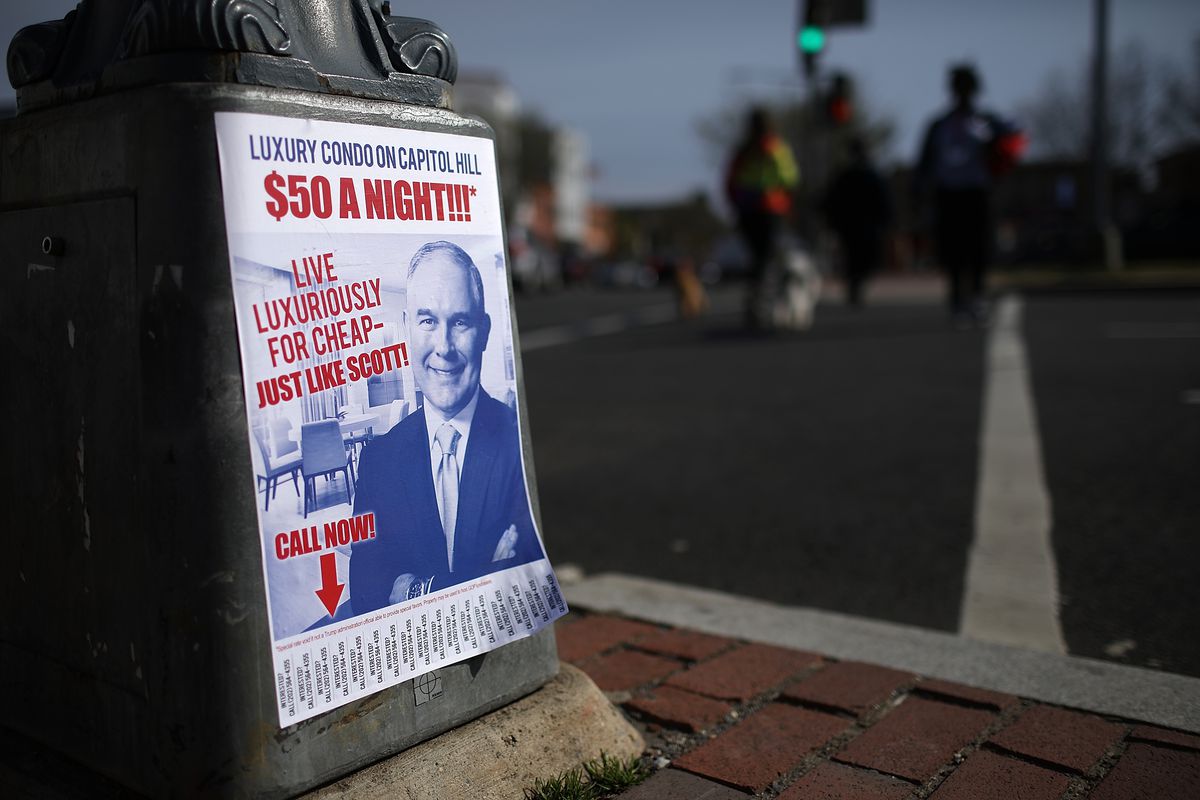 Fliers posted around Capitol Hill poke fun at EPA Administrator Scott Pruitt on April 6, 2018 in Washington, DC.