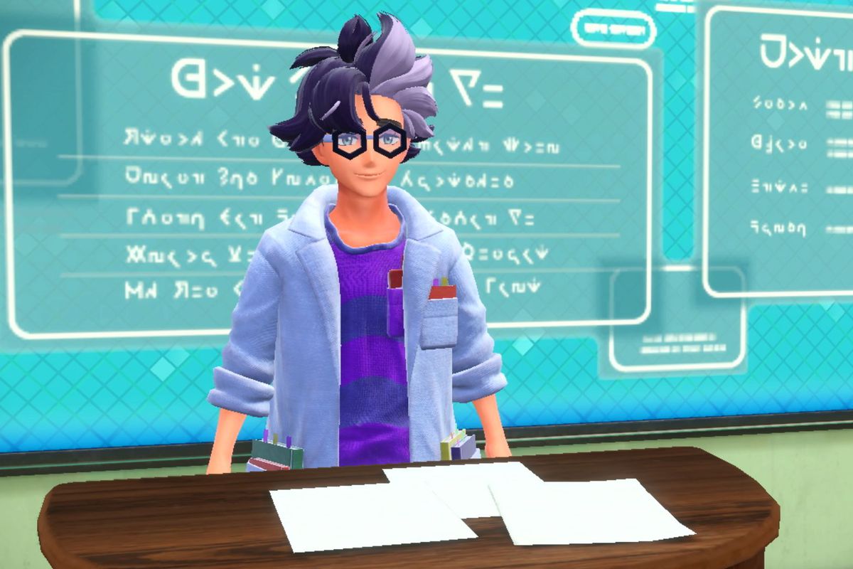 Professor Jacq from Pokemon Scarlet and Violet standing in front of a classroom.