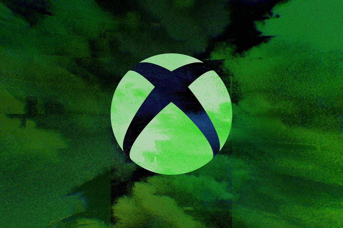 white Xbox logo floats over glitchy green “clouds”