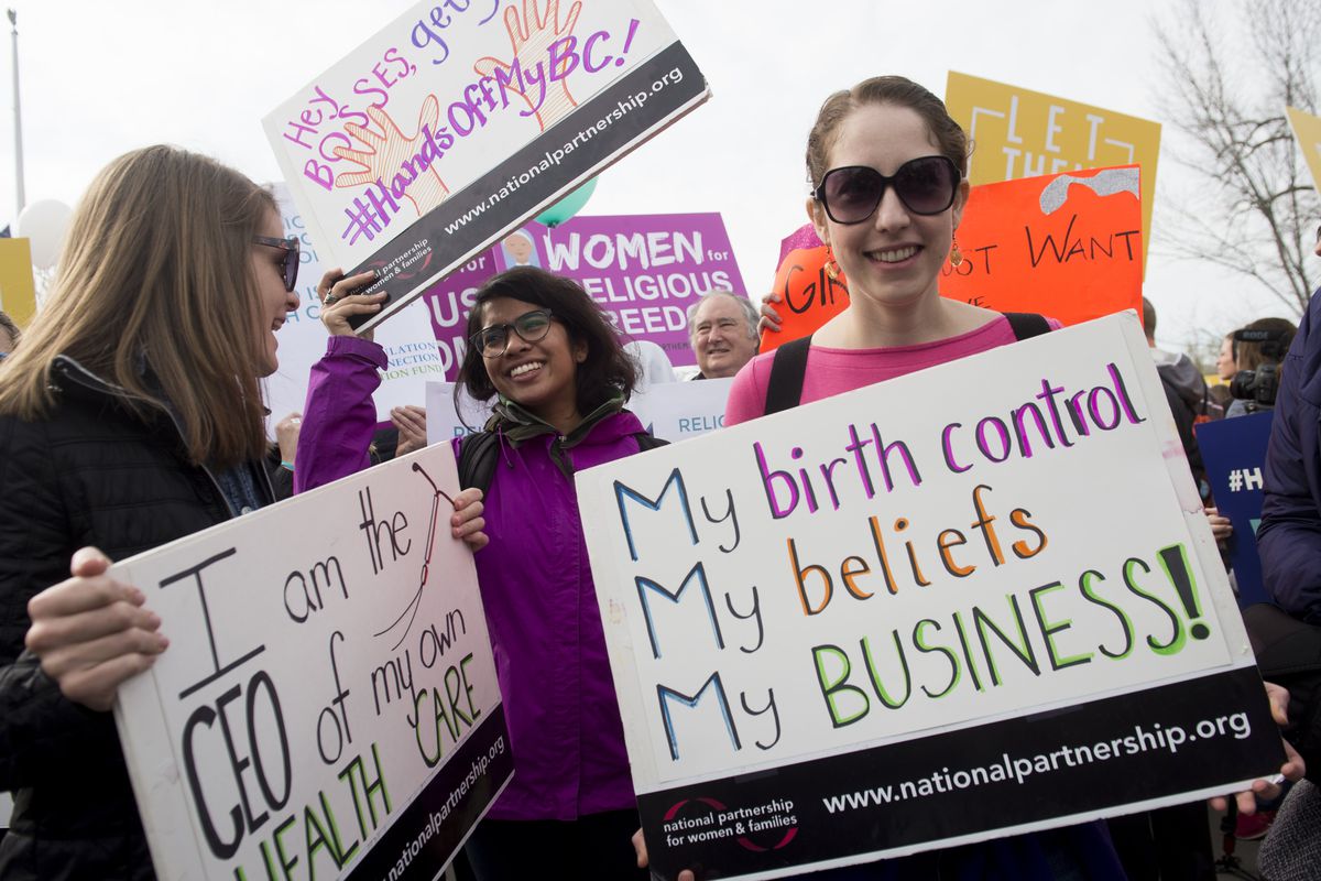 Supporters of contraceptive access rally outside the Supreme Court in Washington, DC, March 23, 2016