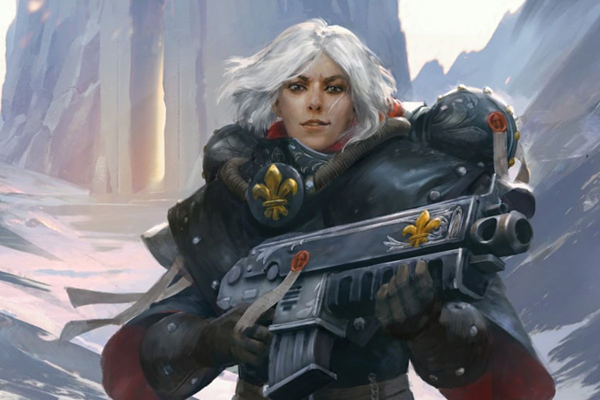 A Sister of Battle as depiected in Rogue Trader by Owlcat Games. A member of the Sisters of our Martyred Lady, she holds a massive bolter in two hands.