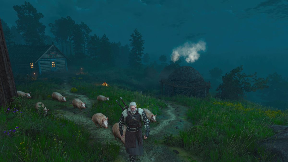 Geralt of Rivia leads a line of pigs back into their pen on a farm at night in The Witcher 3: Wild Hunt on PS5