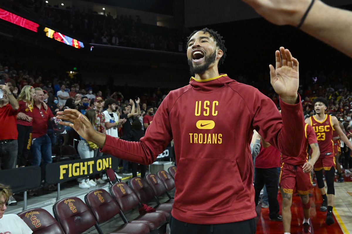 Isaiah Mobley of the USC Trojans celebrates after defeating the UCLA Bruins at Galen Center on February 12, 2022 in Los Angeles, California.