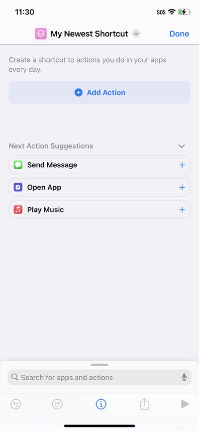 Page to create actions for a new shortcut.