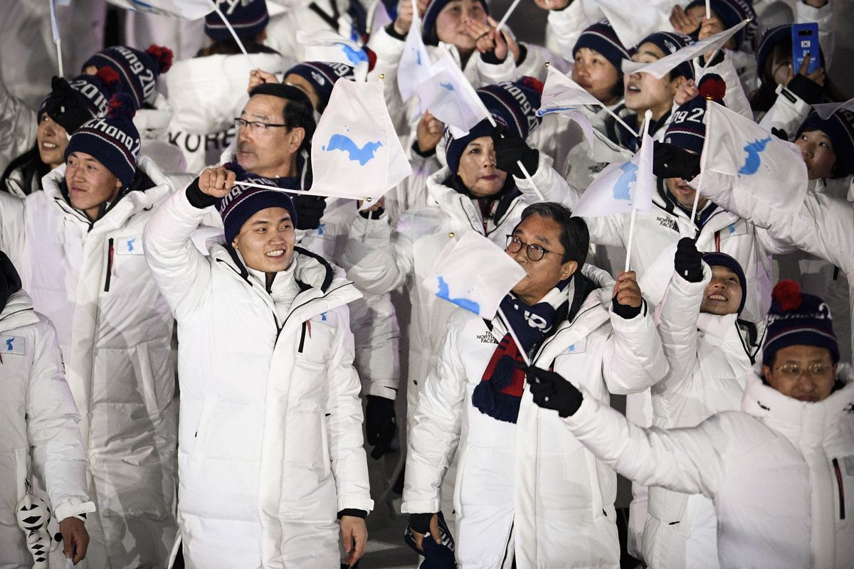 Unified Koreas athletes parade during the opening ceremony of the Pyeongchang 2018 Winter Olympic Games at the Pyeongchang Stadium on February 9, 2018.