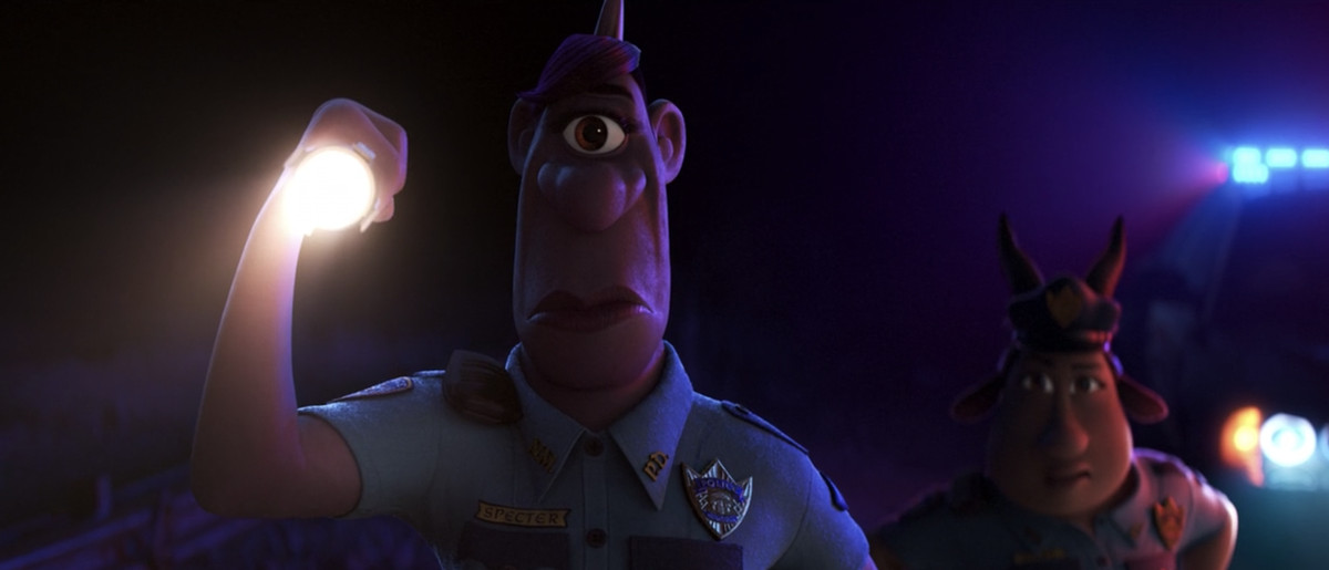 a purple cyclops cop shines a flashlight in pixar’s onward