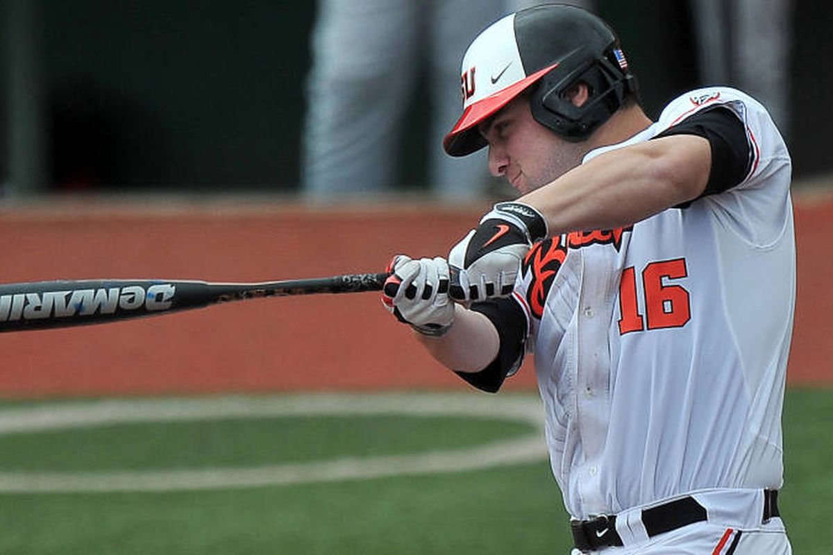 Gabe Clark got ahold of a game tieing RBI double for Oregon St. against UCLA. 