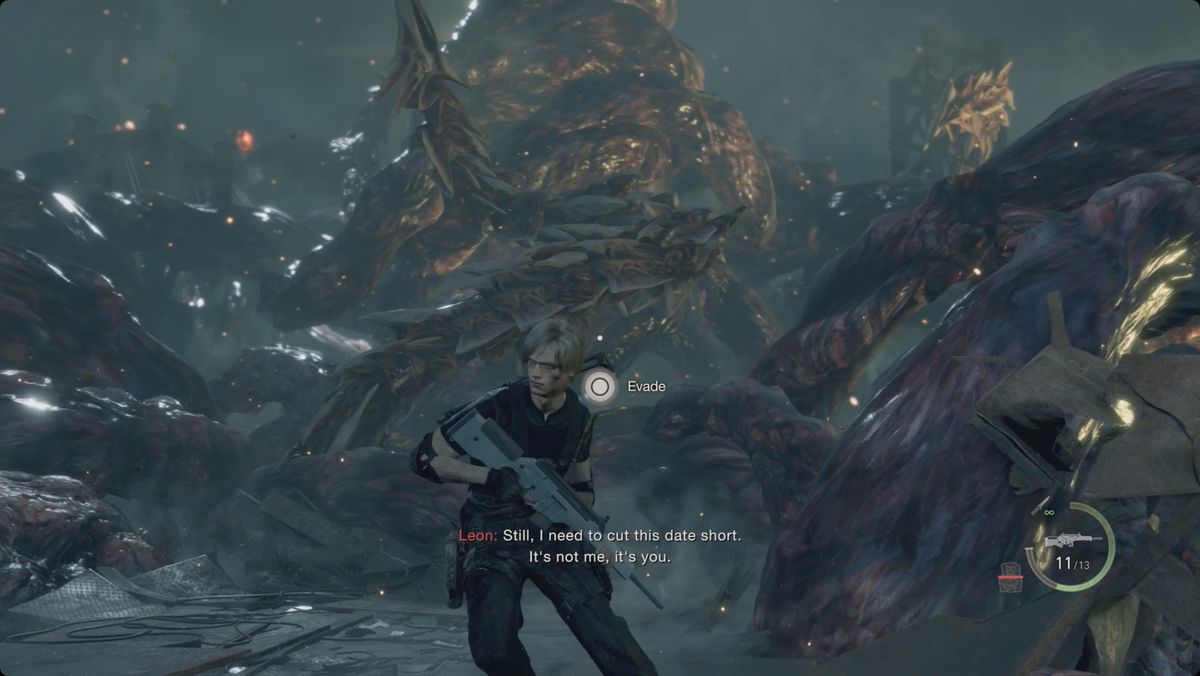 Resident Evil 4 remake Leon avoiding a tentacle attack during the final phase of the Saddler fight