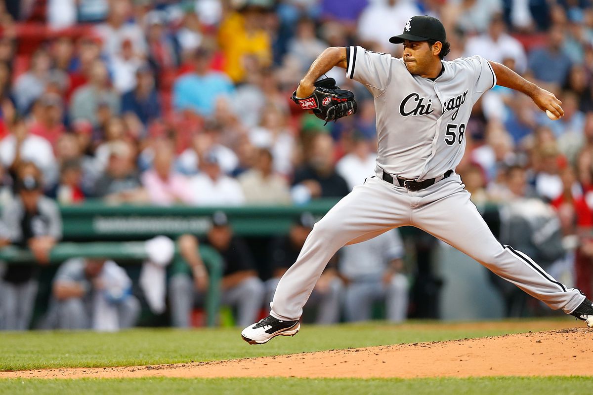 BOSTON, MA - JULY 18: Pedro Hernandez #58 of the Chicago White Sox pitches against the Boston Red Sox during the game on July 18, 2012 at Fenway Park in Boston, Massachusetts.  (Photo by Jared Wickerham/Getty Images)