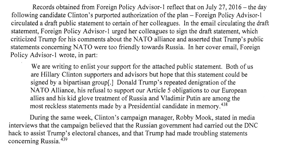 A section of the Durham Report about how a Clinton foreign policy advisor tried to line up foreign policy experts to criticize Trump’s NATO views during the 2016 campaign