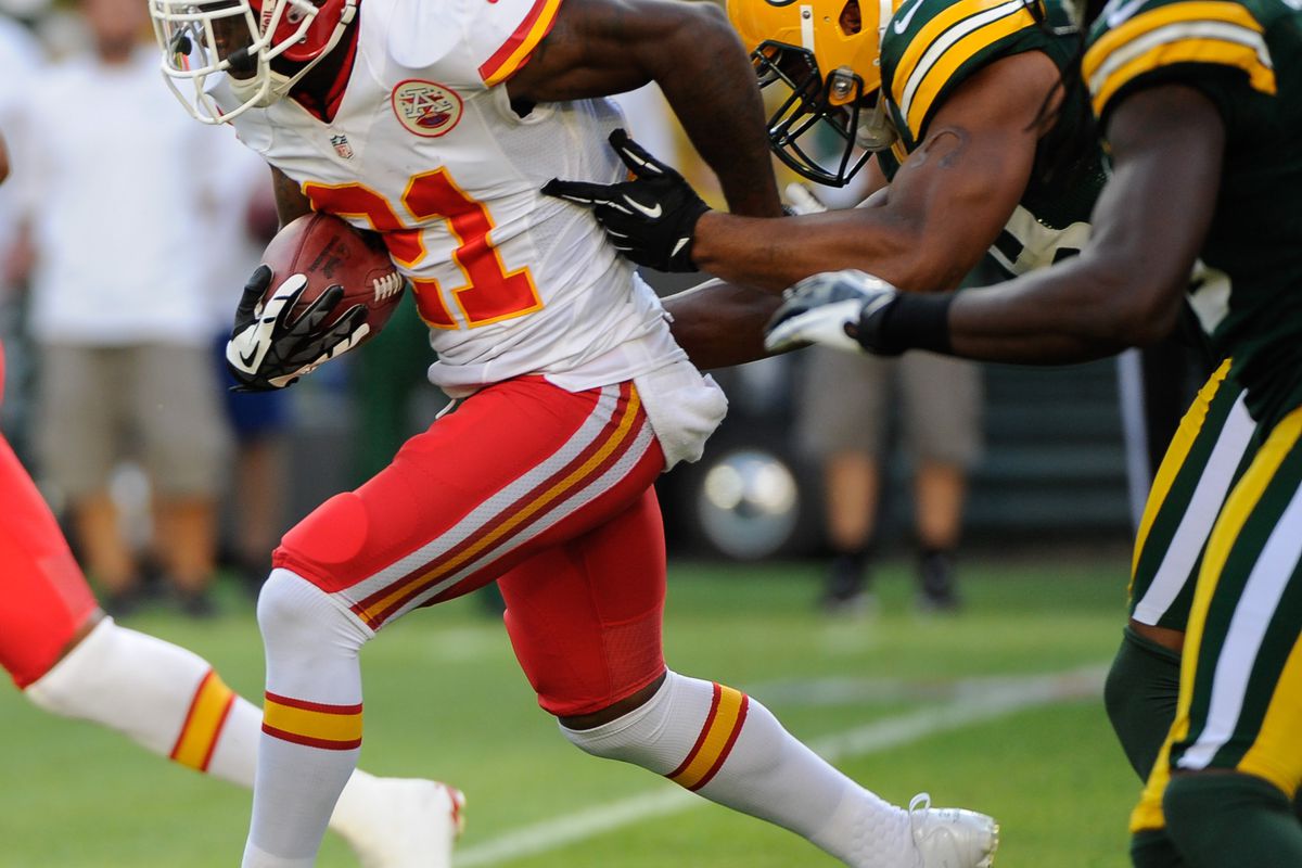 Aug 30, 2012; Green Bay, WI, USA;  Kansas City Chiefs cornerback Javier Arenas (21) during the game against the Green Bay Packers at Lambeau Field.  Mandatory Credit: Benny Sieu-US PRESSWIRE