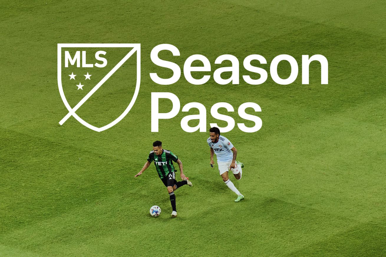 An image showing Apple’s MLS season pass logo with a soccer field in the background
