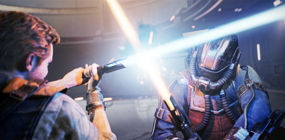Cal Kestis blocks the lightsaber of a masked enemy in a screenshot from Star Wars Jedi: Survivor
