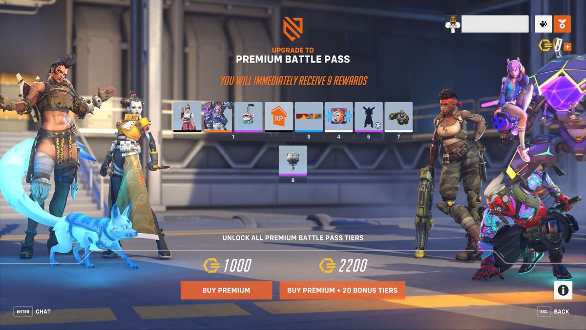 A menu in Overwatch 2 showing the “upgrade to premium battle pass” offer screen, showing reward, prices, and a variety of cosmetic skins