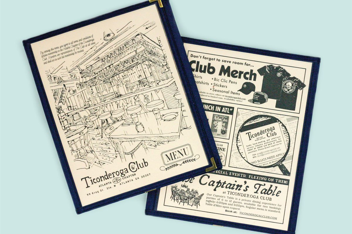 Two overlapping menus on a light blue background. The top menu features a fine-line illustration of a busy tavern interior with the restaurant’s name, Ticonderoga Club, at the bottom-left corner in a hand-drawn ‘70s-style font. The second menu displays the back cover, designed like the a busy advertisement page of 1970s magazine.