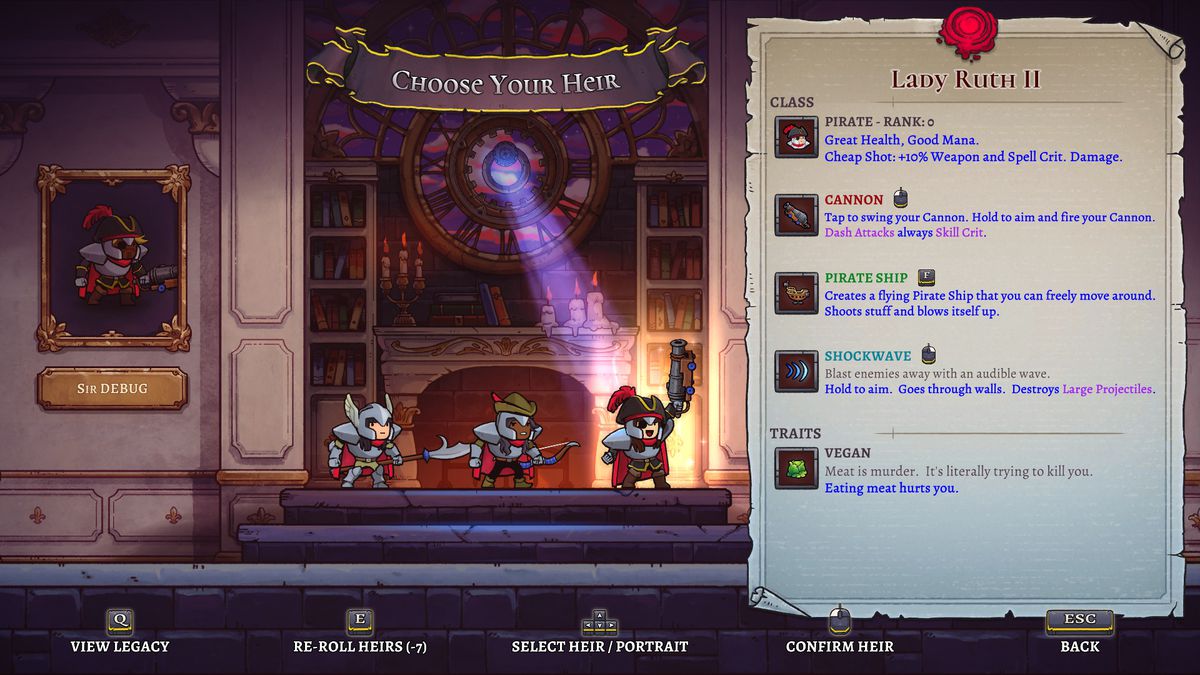A screenshot of Rogue Legacy’s character selection screen for the game’s randomly generated heirs.