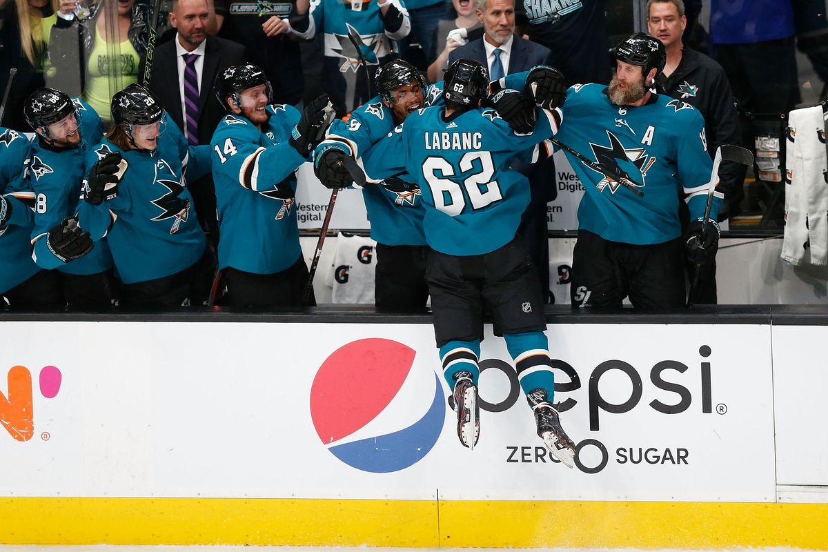 Kevin Labanc #62 of the San Jose Sharks celebrates with teammates on the bench after scoring a goal in the third period against the Vegas Golden Knights in Game Seven of the Western Conference First Round during the 2019 NHL Stanley Cup Playoffs at SAP Ce